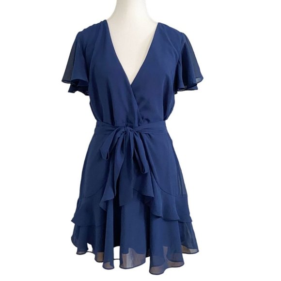 NWOT LULUS SWEET LIKE YOU NAVY CHIFFON RUFFLE FRONT TIE MINI COCKTAIL DRESS - M - Picture 2 of 12